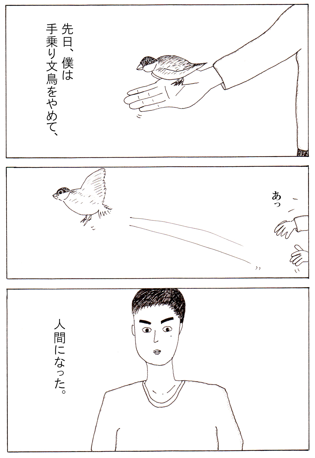 手乗り文鳥が青年に生まれ変わって西荻窪でカフェを始めた話の漫画　第１回「常連の鳥飼さん」